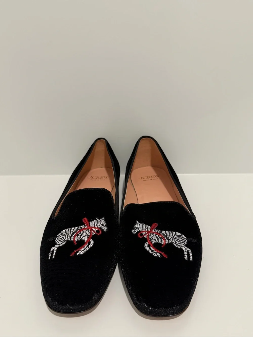 NEW J. Crew Made-in-Italy smoking slippers embroidered velvet CP095 zebra black